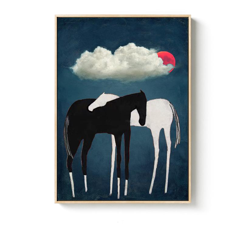 Black and White Abstract Horse Oil Painting on Canvas, Large Original Horses and Clouds Canvas Art, Modern Animal Wall Art for Living Room