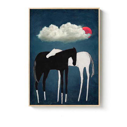 Black and White Abstract Horse Oil Painting on Canvas, Large Original Horses and Clouds Canvas Art, Modern Animal Wall Art for Living Room