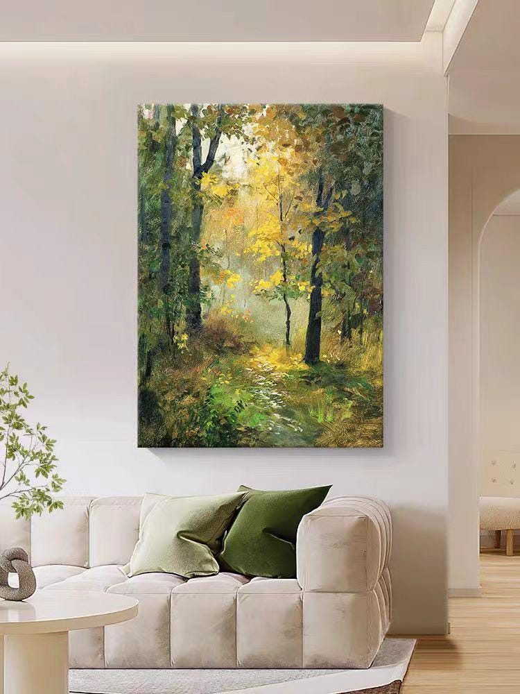 May include: A painting of a forest path with trees on either side. The path is lined with green grass and the trees have green and yellow leaves. The sun is shining through the trees, creating a warm glow.