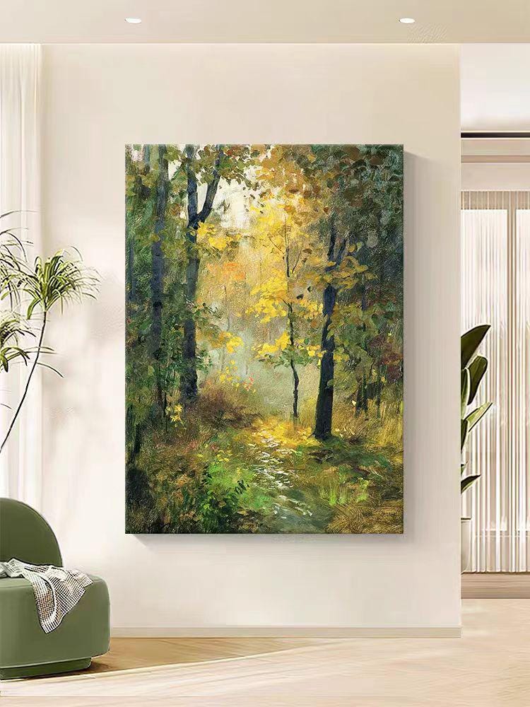 May include: A painting of a forest scene with a path leading through the trees. The trees are mostly green with some yellow leaves. The path is lined with green grass and there is a stream running through the center of the path.