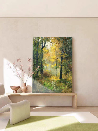 May include: A painting of a forest path with trees on either side. The path is lined with green grass and the trees are a mix of green and yellow leaves. The sun is shining through the trees, creating a warm glow.