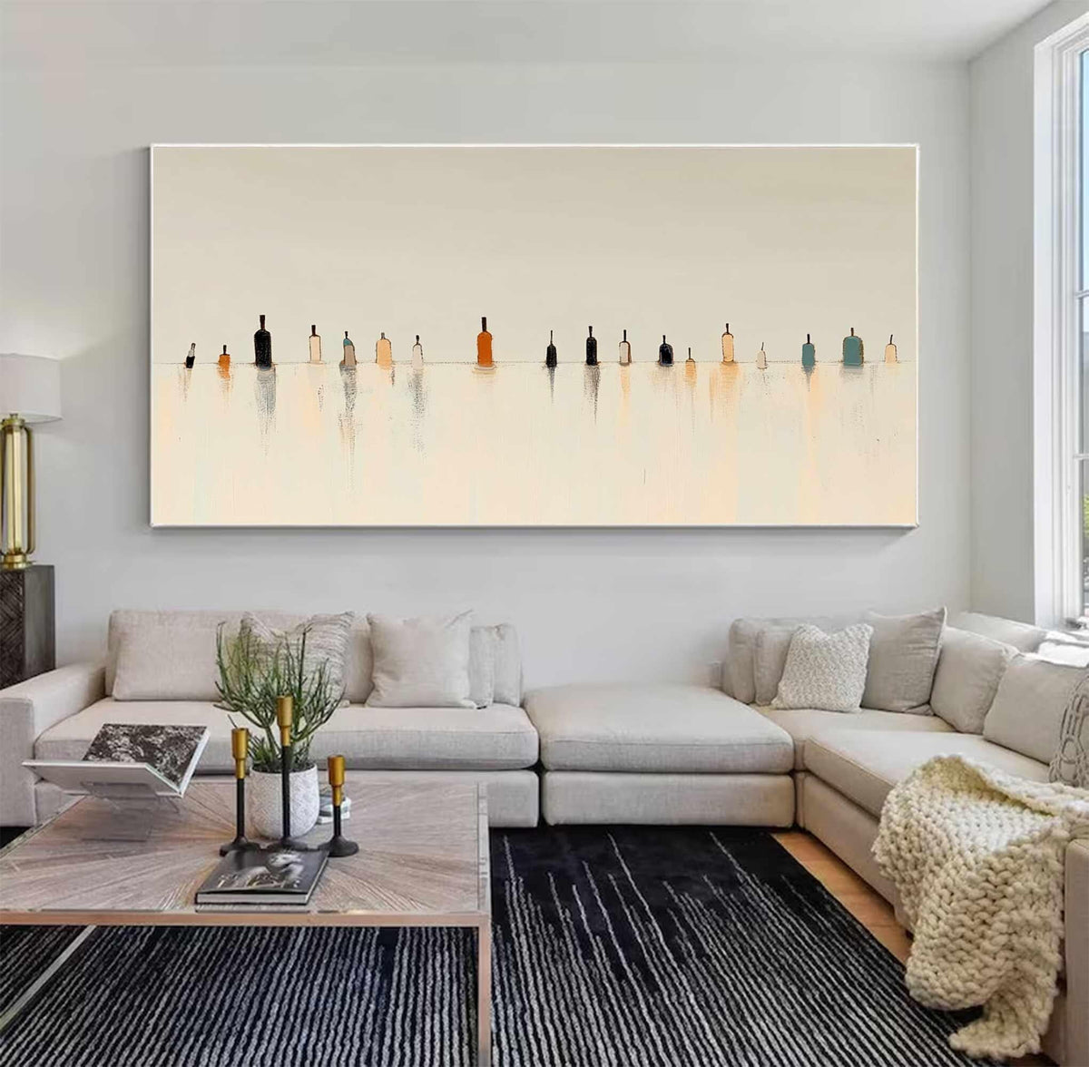 Minimalist Figure Wall Art Beige Neutral Landscape Painting Tiny People for Living Room Decor