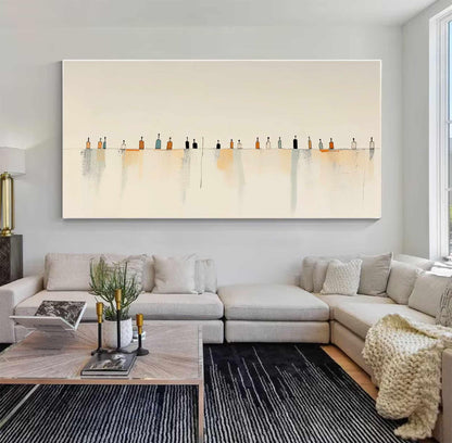 May include: A large horizontal rectangular wall art piece featuring a series of small, stylized bottle silhouettes in black, orange, and blue hues arranged in a single line across a cream-colored background with soft, vertical watercolor-style washes.