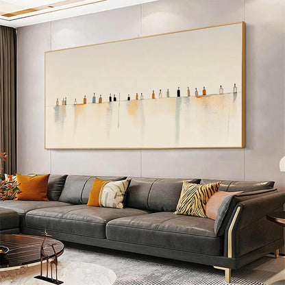 May include: A large rectangular wall art piece featuring a horizontal line with a series of small, vertical bottle-shaped figures in shades of black, orange, and blue, set against a cream background with soft, vertical watercolor-style washes.