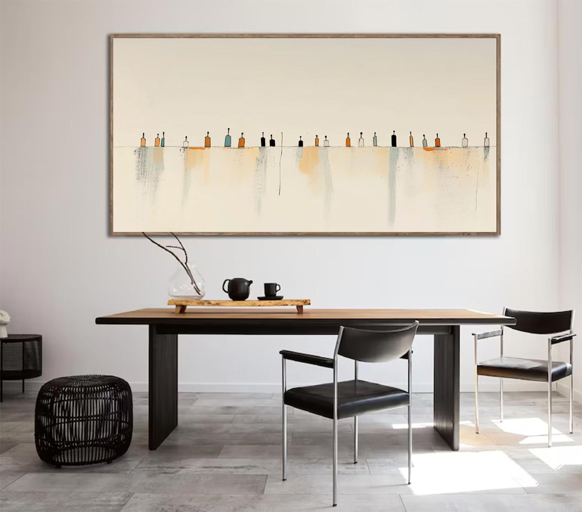 May include: A large rectangular wall art piece featuring a horizontal line of small, stylized bottle shapes in shades of orange, blue, black, and white. The artwork has a cream-colored background with soft, vertical watercolor-style paint drips.