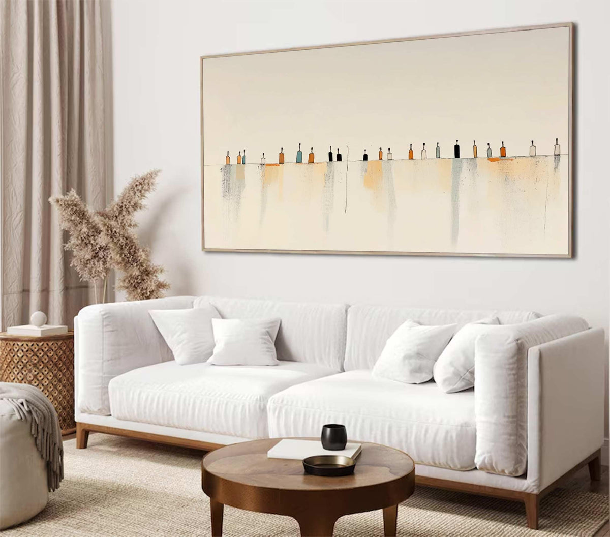 May include: A large rectangular wall art piece featuring a horizontal line of small, abstract, bottle-like figures in shades of orange, black, and grey. The background is a soft cream color with subtle, vertical watercolor-style washes in muted tones.