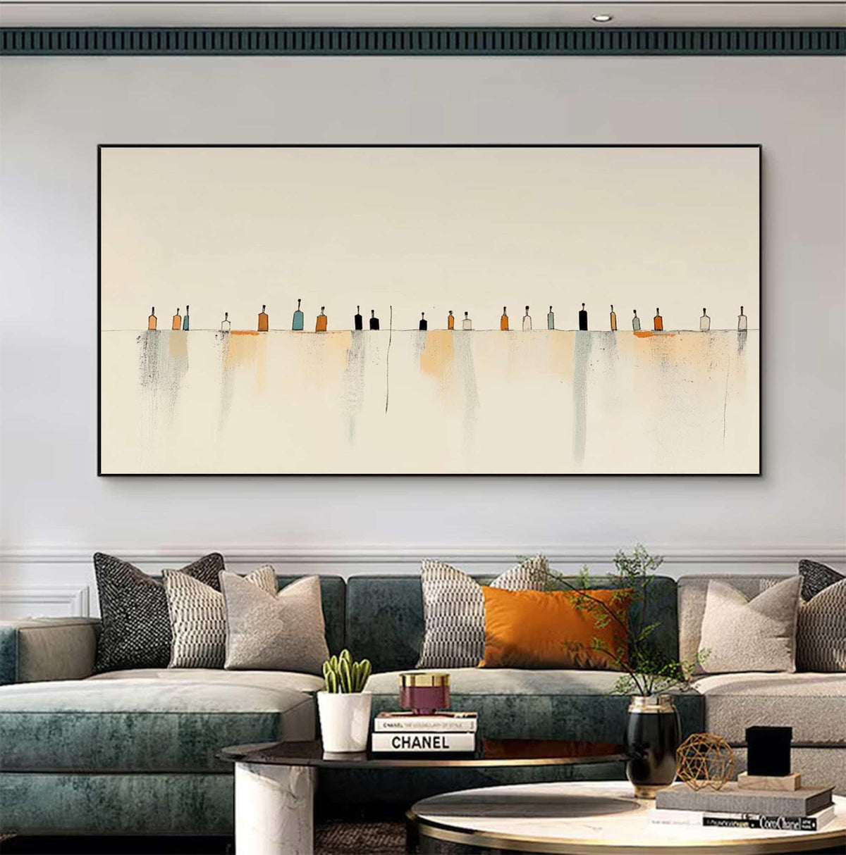 May include: A rectangular wall art piece featuring a horizontal line with a series of small, stylized bottle shapes in shades of orange, black, blue, and white. Below the line, soft, vertical watercolor-style washes in beige and gray extend downward.