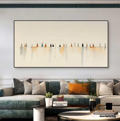 May include: A rectangular wall art piece featuring a horizontal line with a series of small, stylized bottle shapes in shades of orange, black, blue, and white. Below the line, soft, vertical watercolor-style washes in beige and gray extend downward.