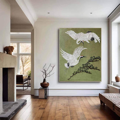 White Crane Bird Wall Art Olive Green Textured Canvas Painting for Living Room Decor