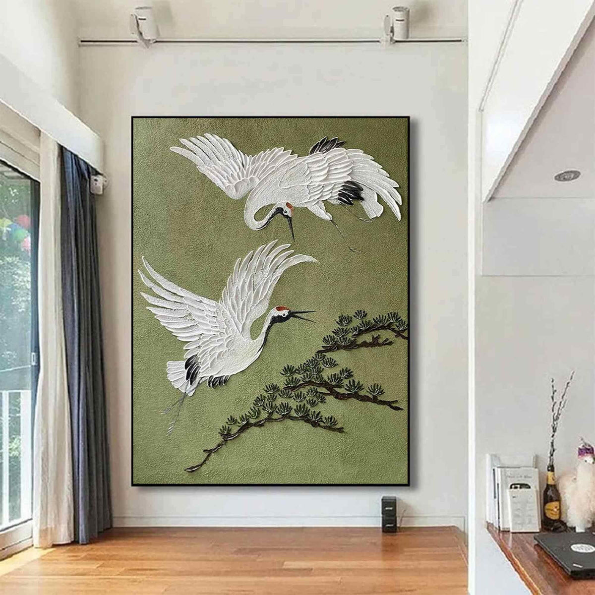 White Crane Bird Wall Art Olive Green Textured Canvas Painting for Living Room Decor
