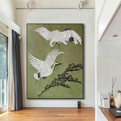 White Crane Bird Wall Art Olive Green Textured Canvas Painting for Living Room Decor