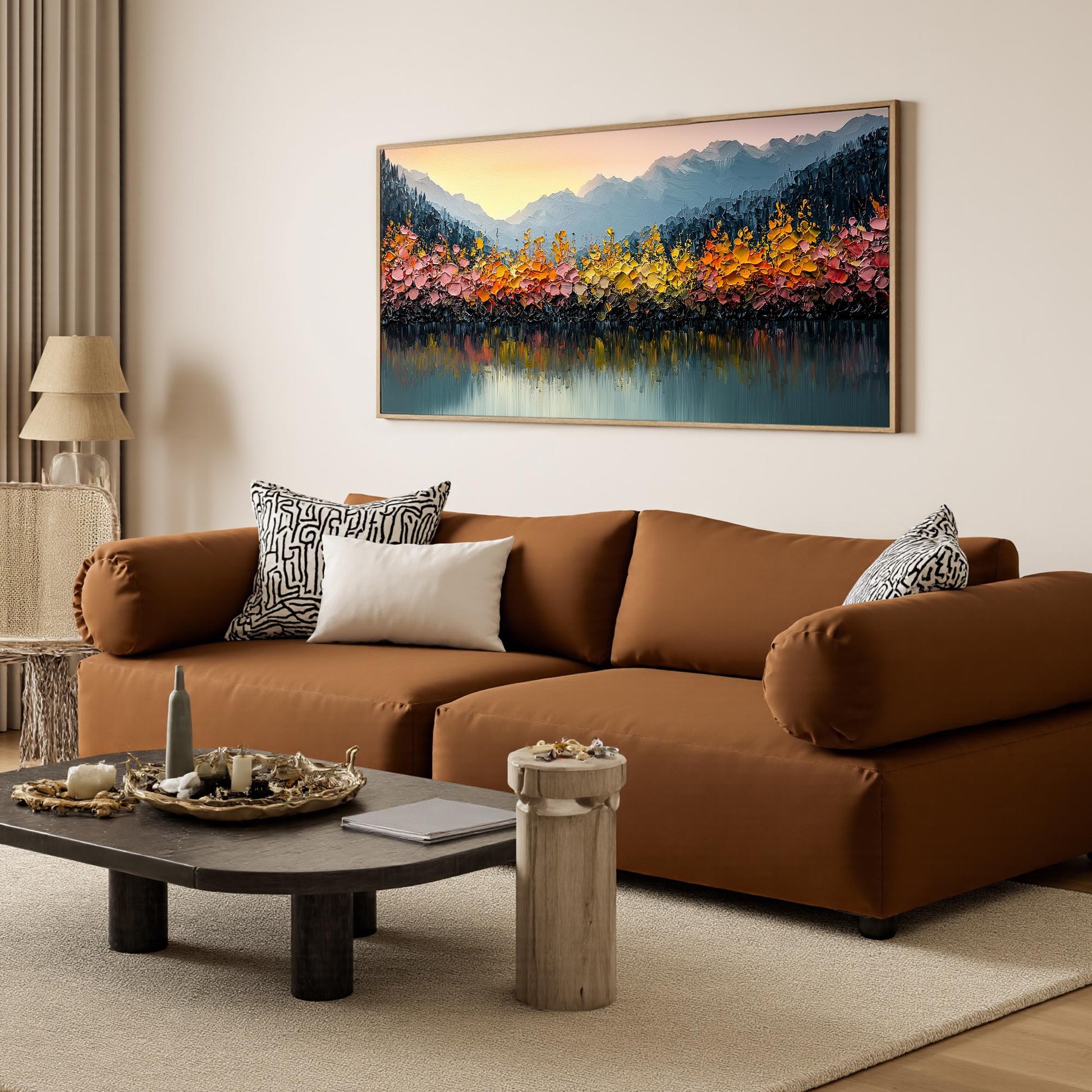 Original – Orange and Yellow Lake Landscape Wall Art | Impasto Hand-Painted Painting, view 2