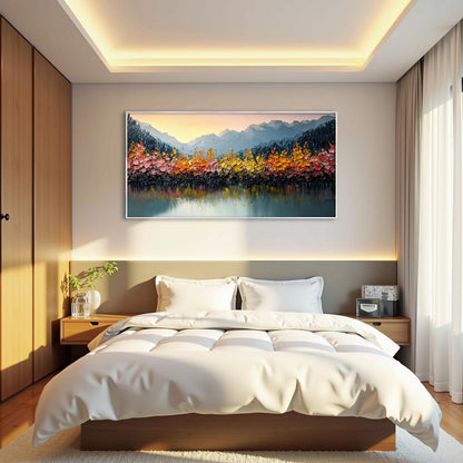 Orange and Yellow Impasto Mountain Lake Landscape Wall Art