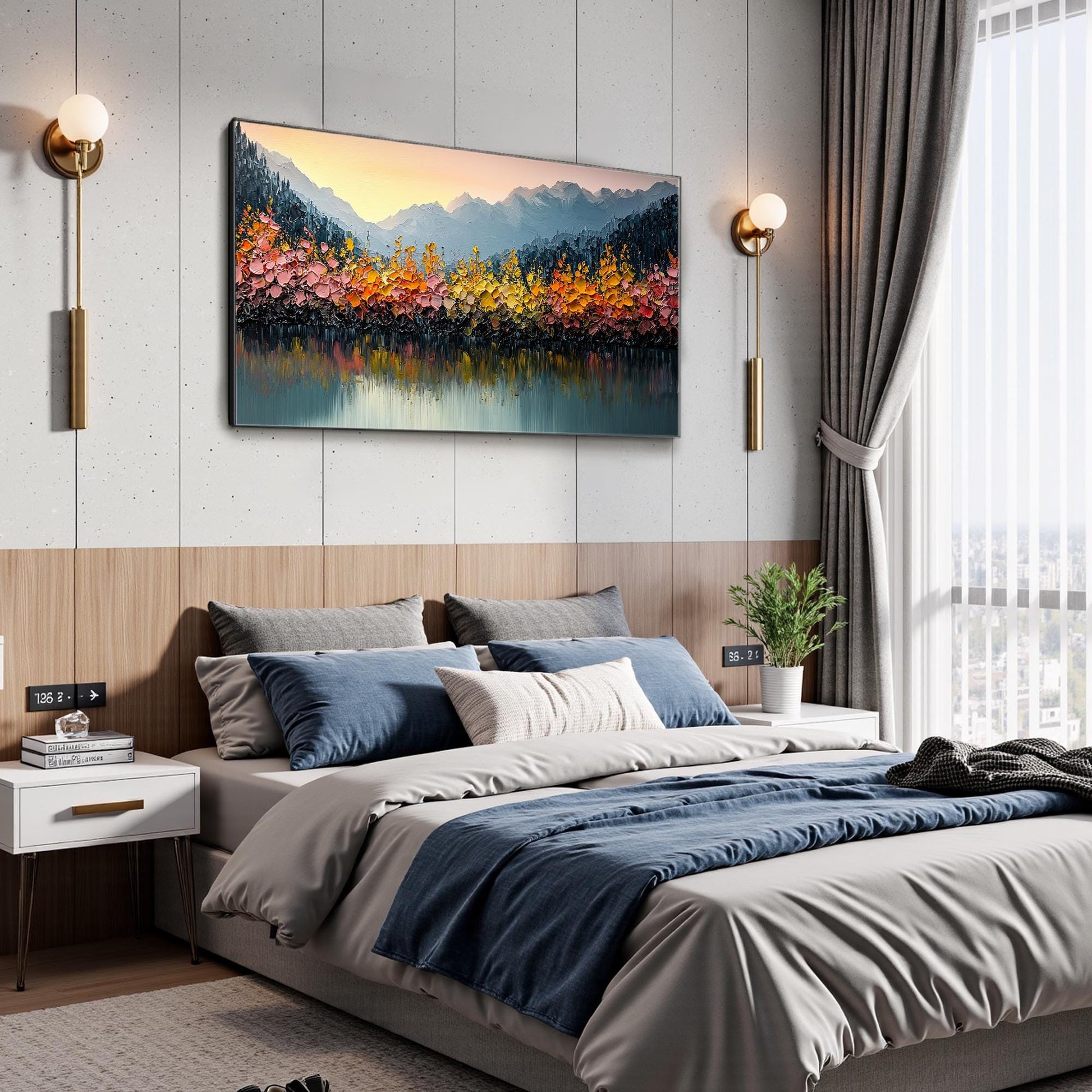 Original – Orange and Yellow Lake Landscape Wall Art | Impasto Hand-Painted Painting, view 5