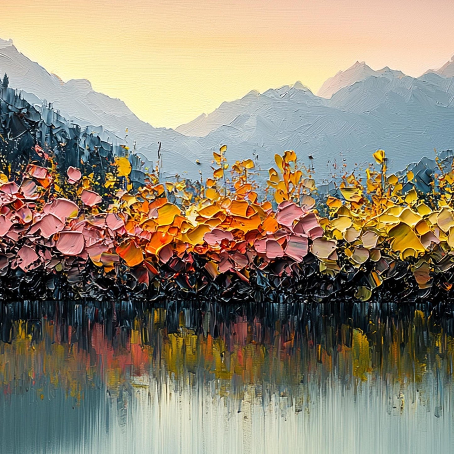 Original – Orange and Yellow Lake Landscape Wall Art | Impasto Hand-Painted Painting, view 3
