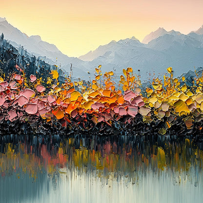 Original – Orange and Yellow Lake Landscape Wall Art | Impasto Hand-Painted Painting, view 3
