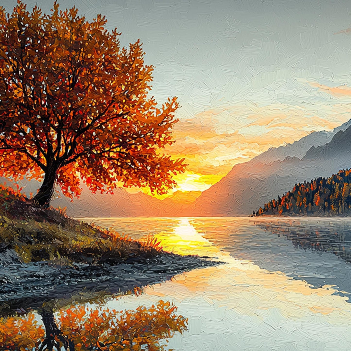 Gold Impasto Lake Landscape Wall Art – Original Autumn