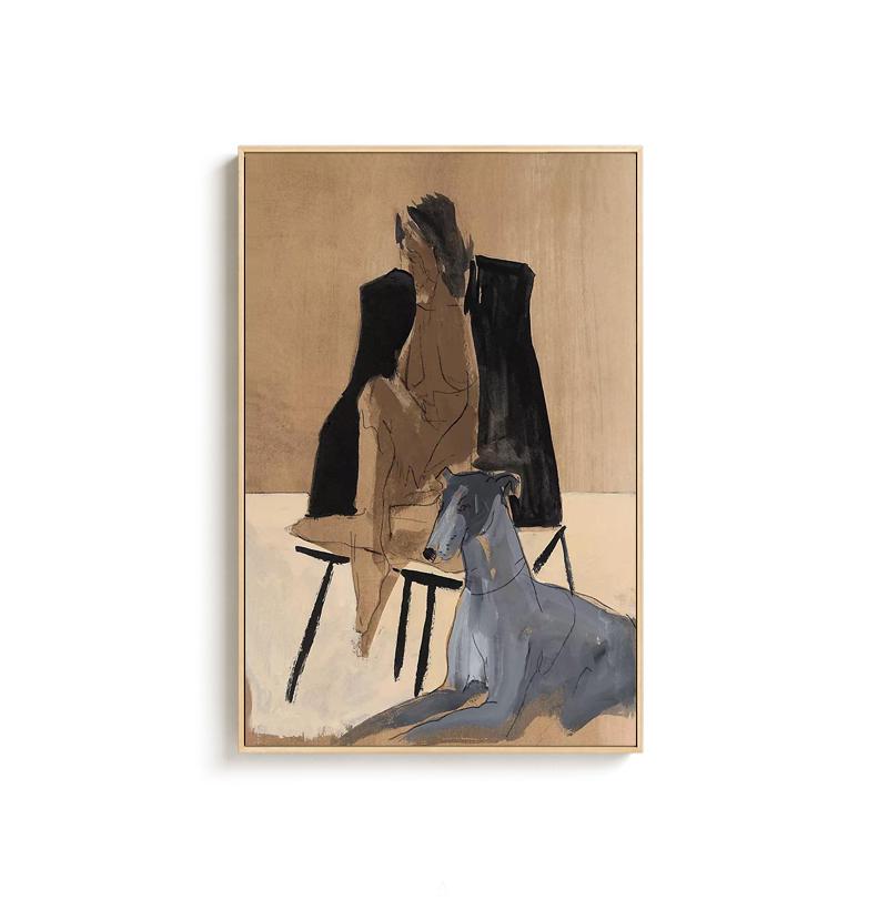 May include: A painting of a person sitting in a chair with a dog lying on the floor. The person is wearing a black dress and the dog is gray. The background is a light brown color.