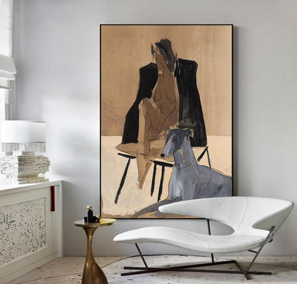 May include: Abstract painting of a nude woman sitting on a chair with a greyhound dog beside her. The painting is in shades of brown, black, and grey, and is set against a beige background.