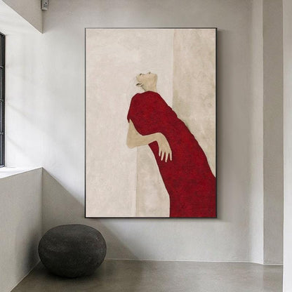 Large Abstract Lady Canvas Art, Hand-painted Woman Figure Oil Painting on Canvas, Modern Beige and Red Art for Living Room, Home Décor