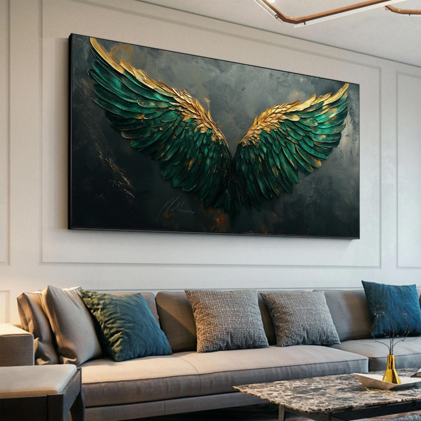 Emerald and Green Impasto Abstract 3D Texture Wall Art – Emerald Green Gold Angel Wings