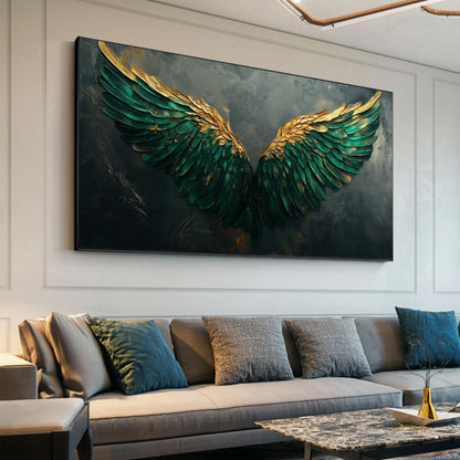 Emerald and Green Impasto Abstract 3D Texture Wall Art – Emerald Green Gold Angel Wings