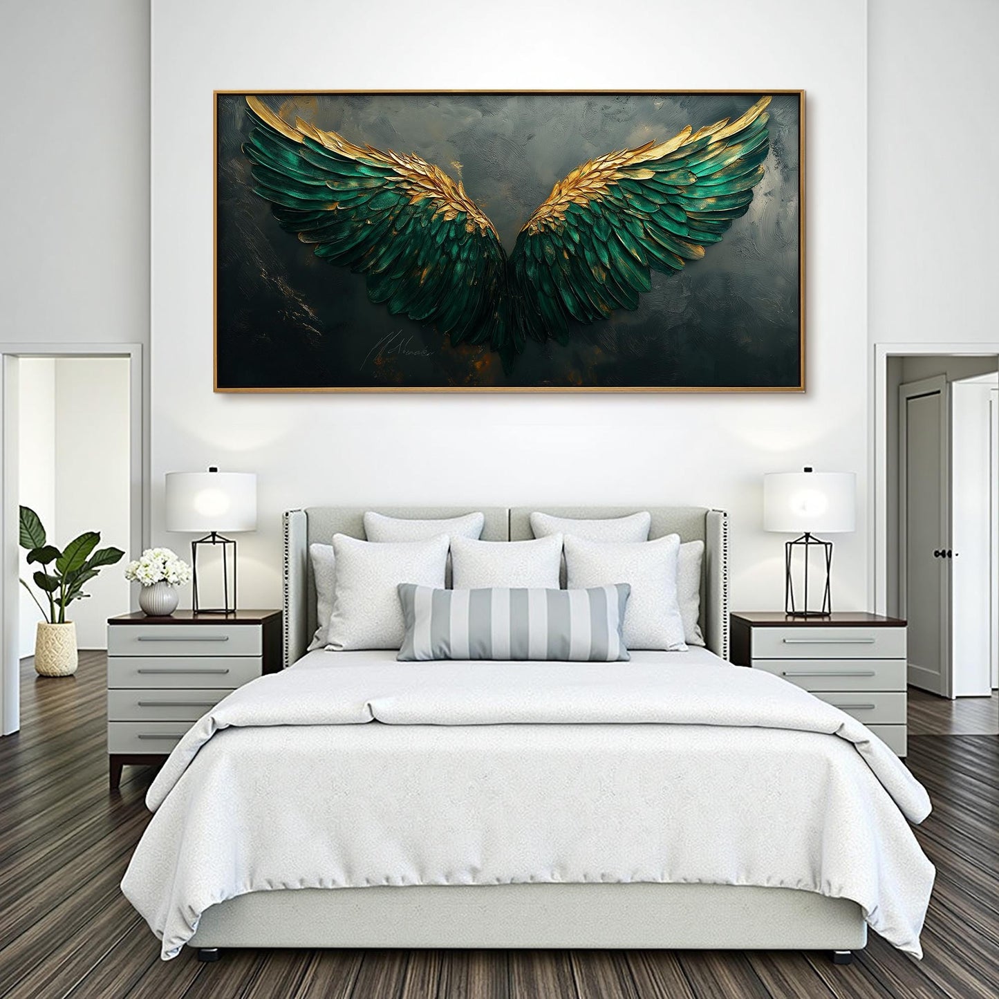 Emerald and Green Impasto Abstract 3D Texture Wall Art – Emerald Green Gold Angel Wings