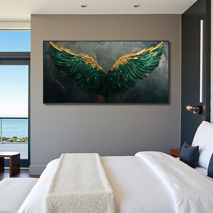 Emerald Green Gold Angel Wings – Emerald and Green Abstract 3D Texture Wall Art | Impasto Hand-Painted Painting, view 5