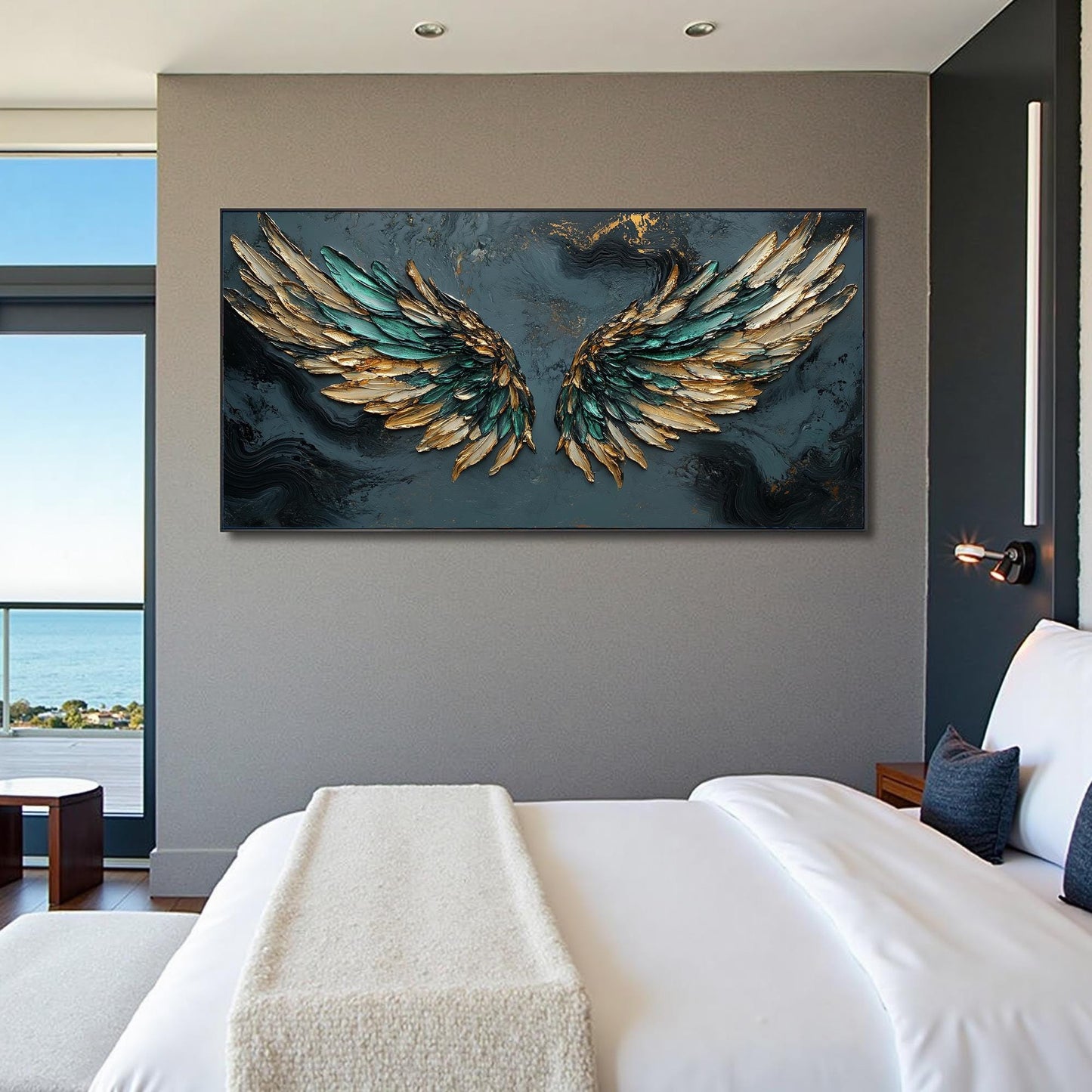 Emerald and Green Impasto Abstract Wall Art – Emerald Green Gold Angel Wings