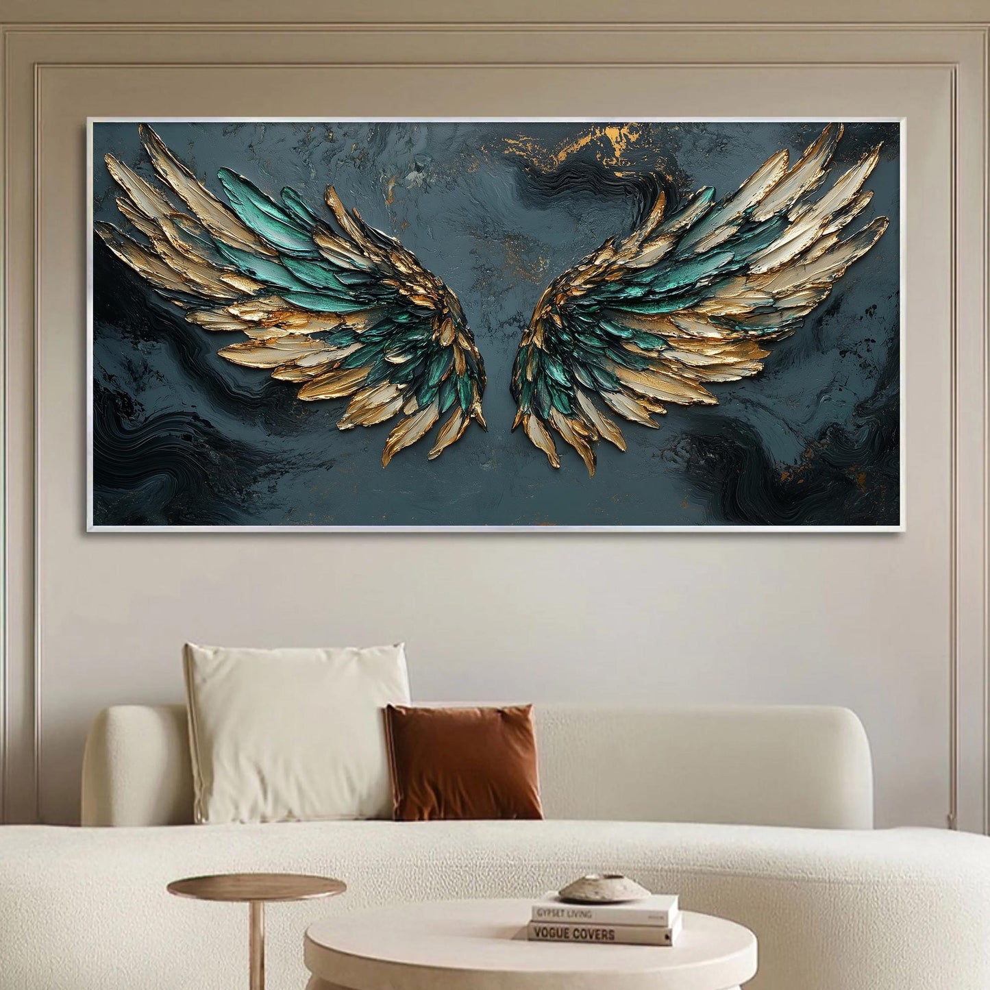 Emerald and Green Impasto Abstract Wall Art – Emerald Green Gold Angel Wings