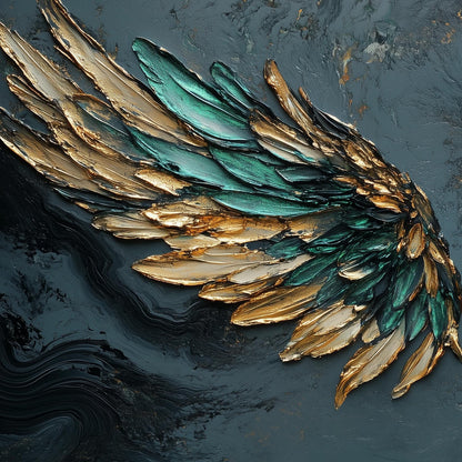 Emerald Green Gold Angel Wings – Emerald and Green Abstract Wall Art | Impasto Hand-Painted Painting, view 3