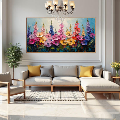Impasto Floral Landscape Painting, Textured Wildflower Field Artwork, Vibrant Garden Scene – Colorful Wildflower Floral Wall 