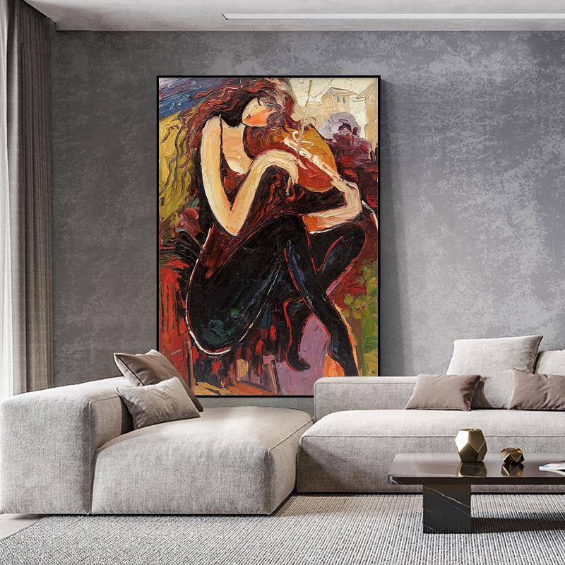 May include: A painting of a woman in a black dress playing a violin. The painting is done in a colorful, abstract style with bold strokes and vibrant colors.
