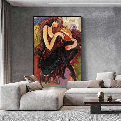 May include: A painting of a woman in a black dress playing a violin. The painting is done in a colorful, abstract style with bold strokes and vibrant colors.