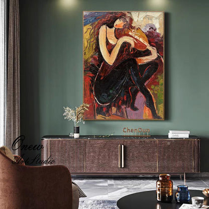 May include: A painting of a woman in a black dress sitting with her head resting on her hand. The painting is done in a colorful abstract style with a background of a city scene.