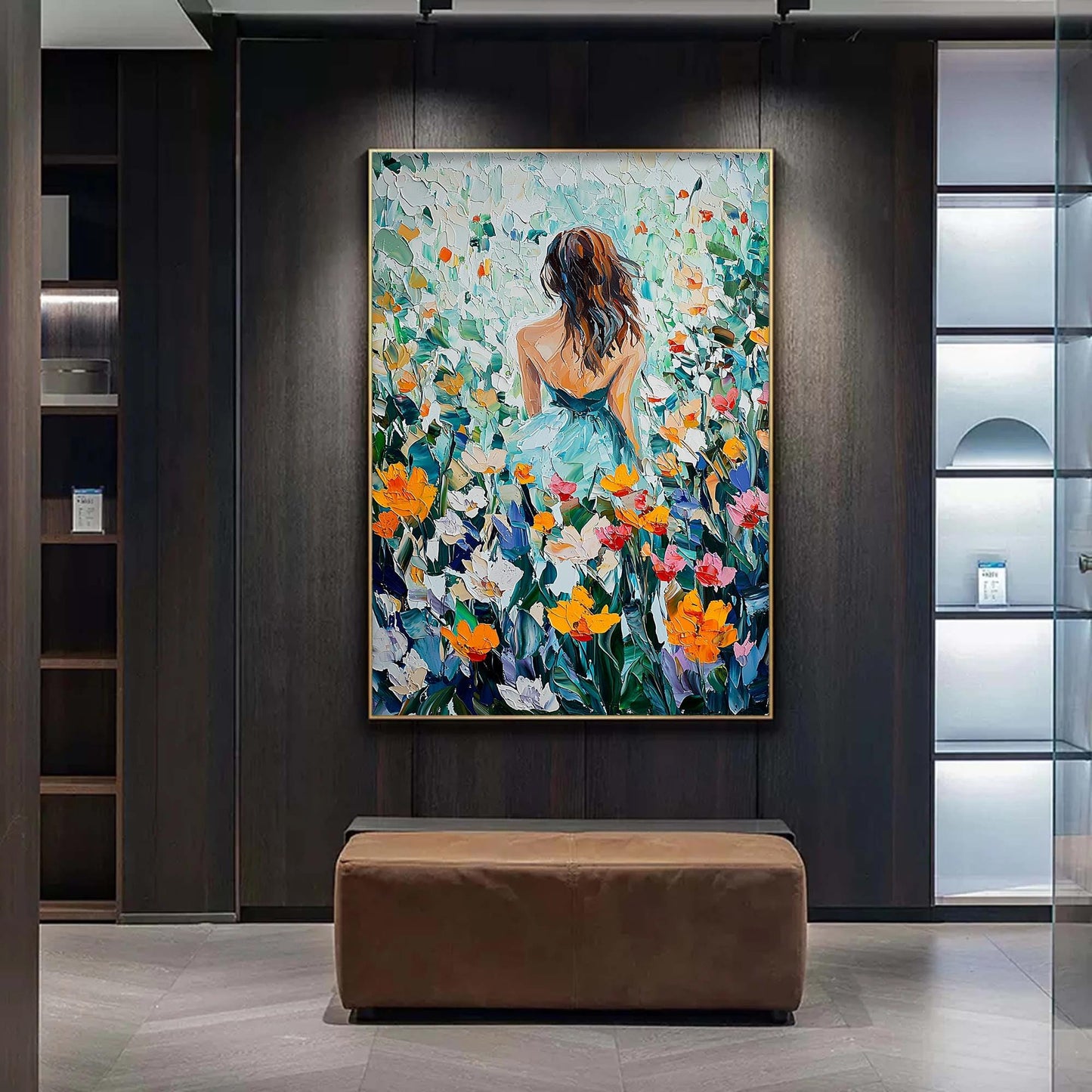 Colorful Impasto Field Landscape Wall Art – Woman in Flower Field