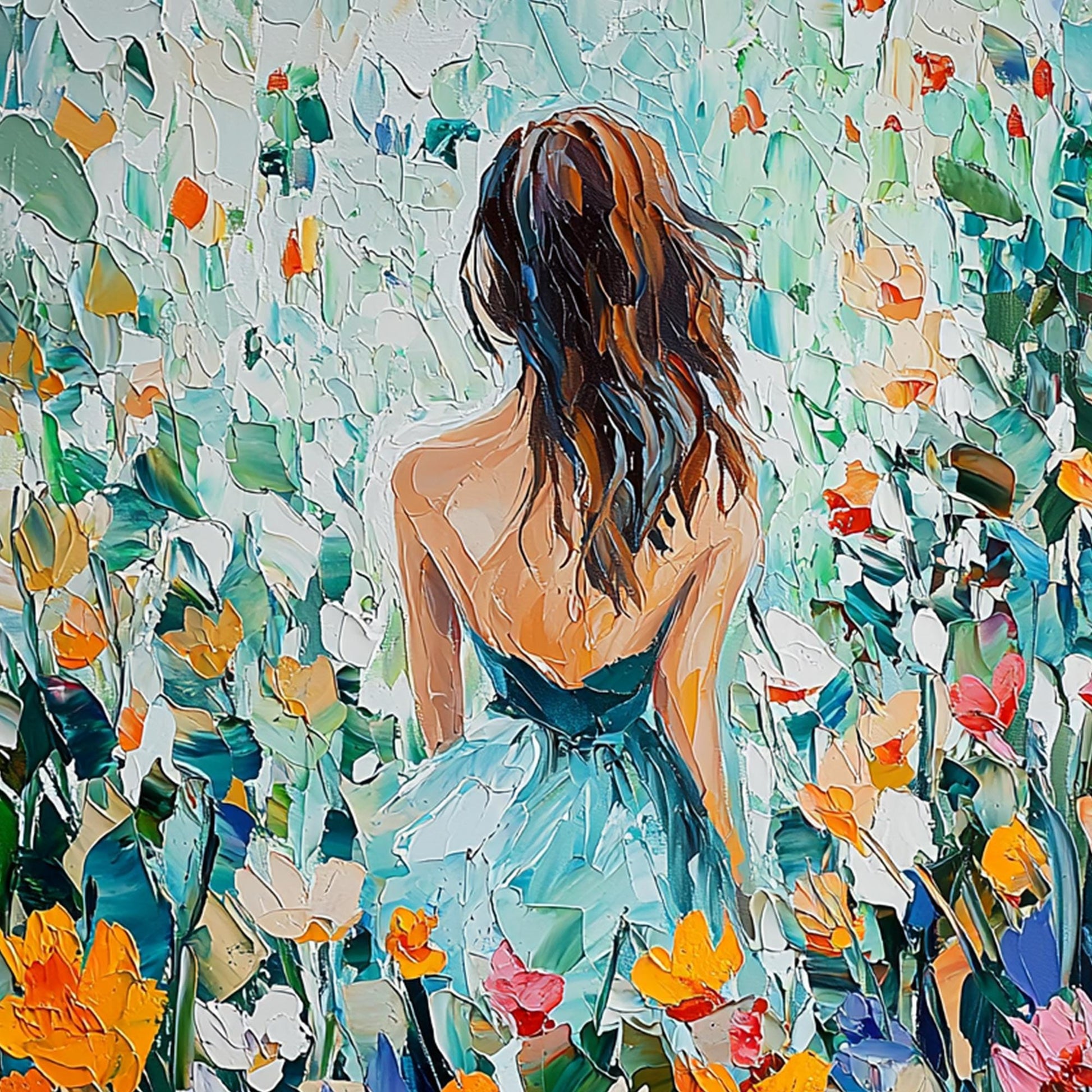 Impasto Oil Painting, Woman in Flower Field, Textured Garden Landscape, Romantic Wall Art – Colorful Field Landscape Wall Art
