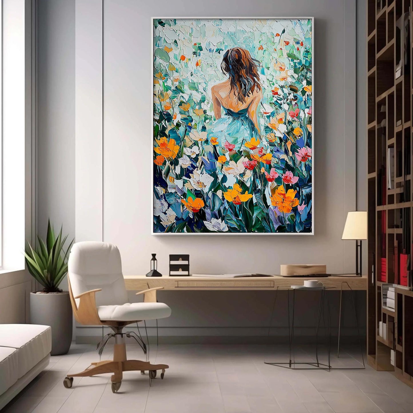 Colorful Impasto Field Landscape Wall Art – Woman in Flower Field