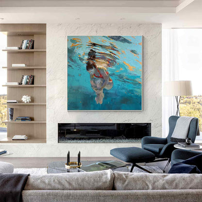 Underwater Woman Swimmer Wall Art Turquoise Blue Textured Canvas Painting for Coastal Bathroom Decor