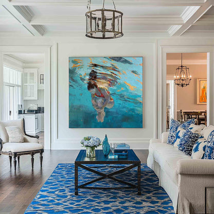 Underwater Woman Swimmer Wall Art Turquoise Blue Textured Canvas Painting for Coastal Bathroom Decor