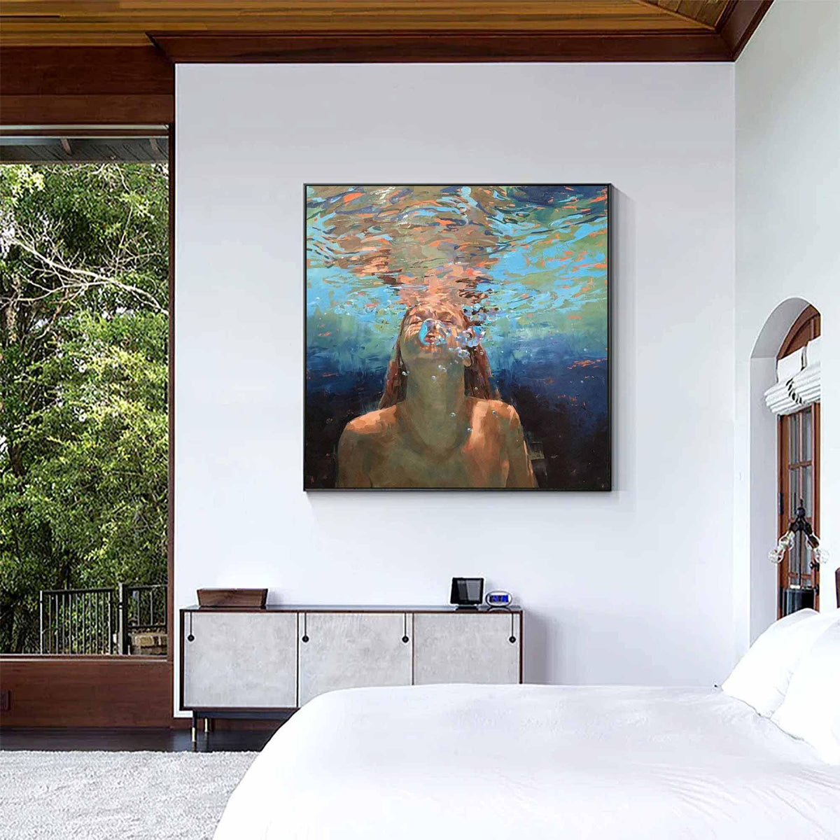 Underwater Woman Portrait Wall Art Blue Ocean Canvas Painting for Coastal Living Room Decor
