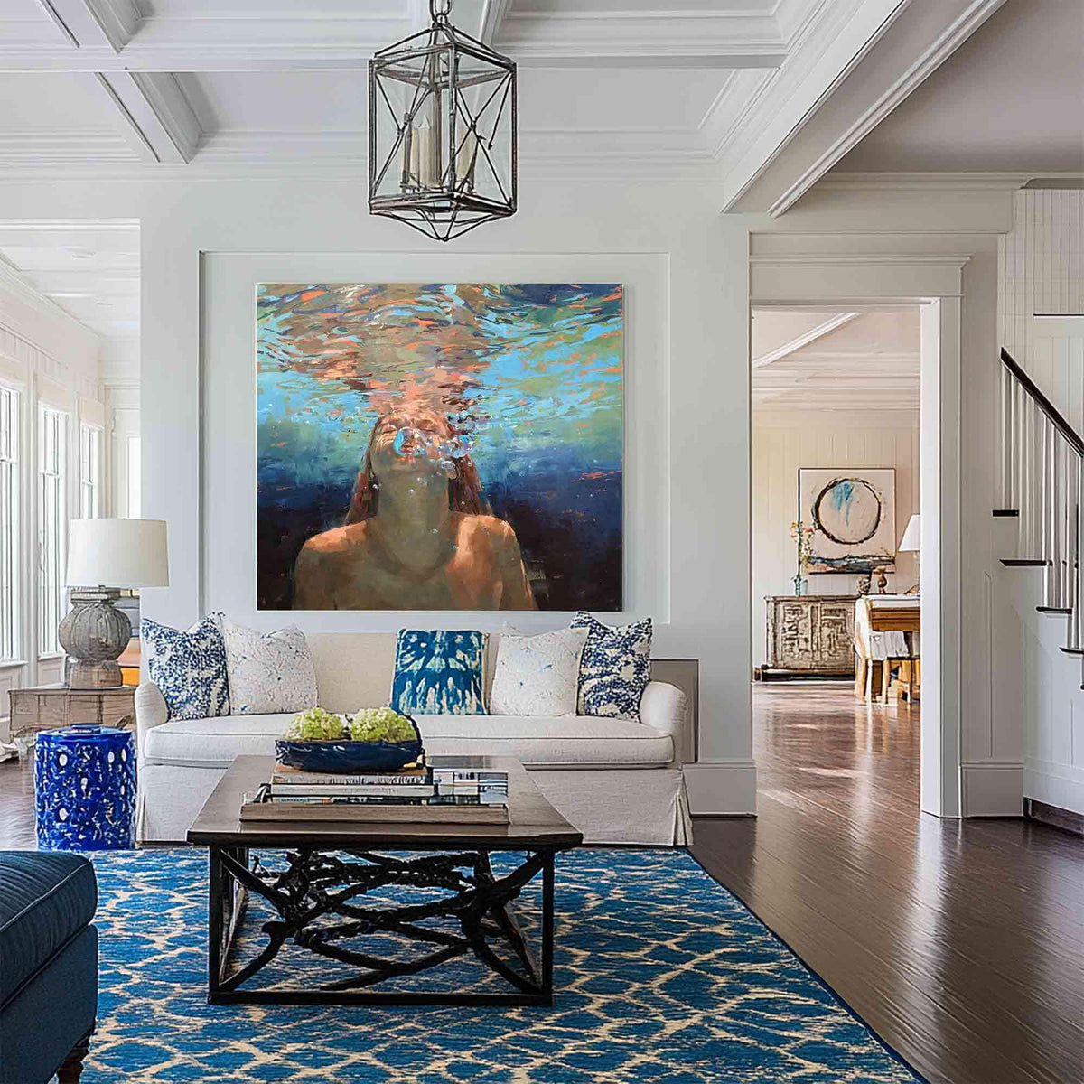 Underwater Woman Portrait Wall Art Blue Ocean Canvas Painting for Coastal Living Room Decor