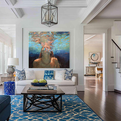 Underwater Woman Portrait Wall Art Blue Ocean Canvas Painting for Coastal Living Room Decor