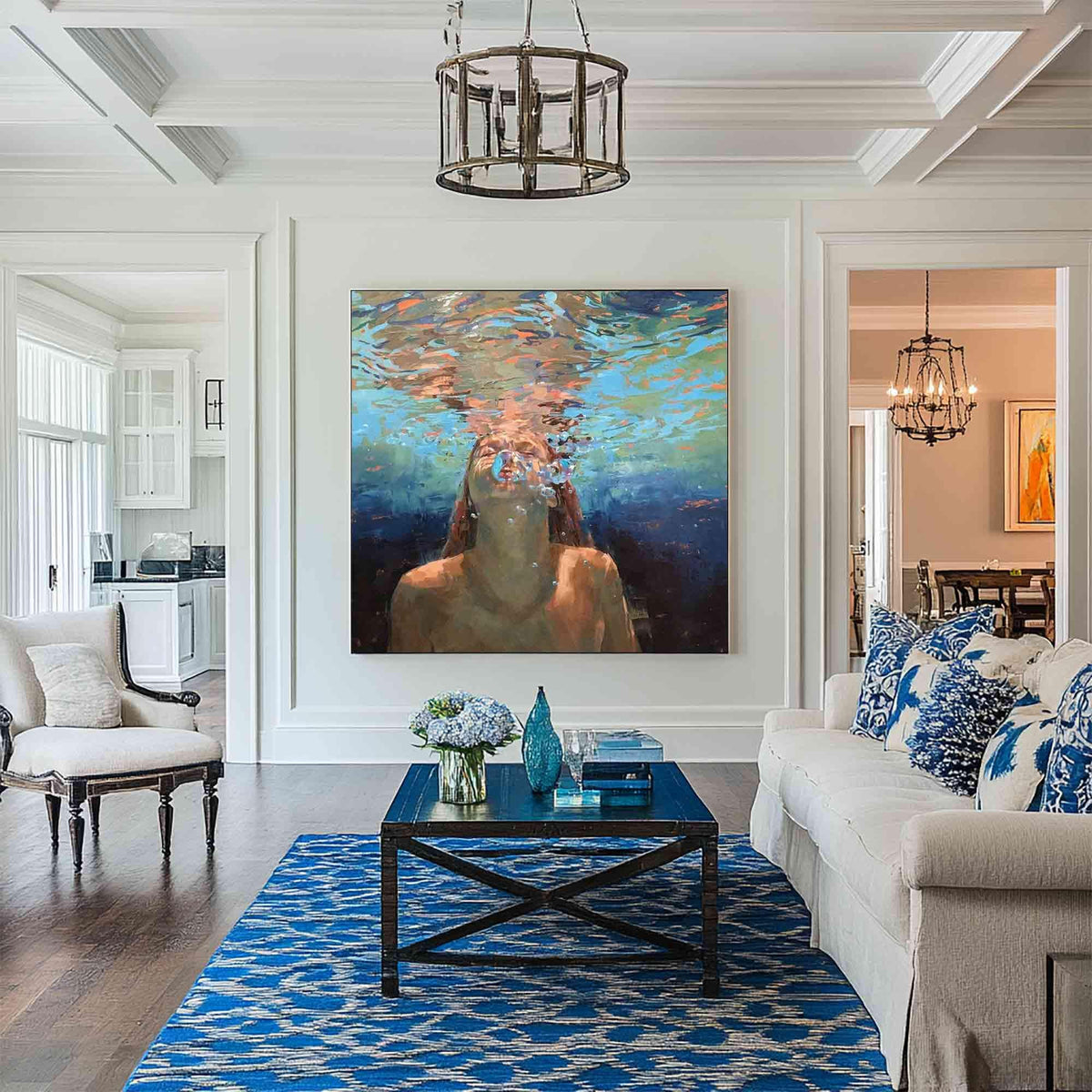 Underwater Woman Portrait Wall Art Blue Ocean Canvas Painting for Coastal Living Room Decor