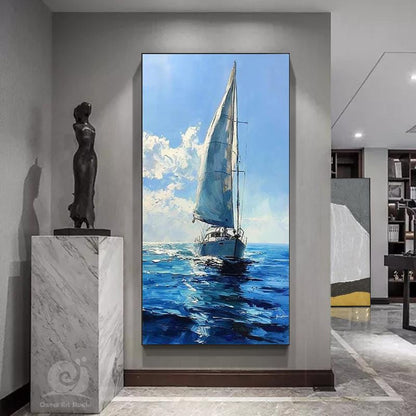 Large Abstract Sailboat Oil Painting on Canvas, Original Seascape Canvas Wall Art, Modern Nautical Wall Art for Living Room, Bedroom Decor