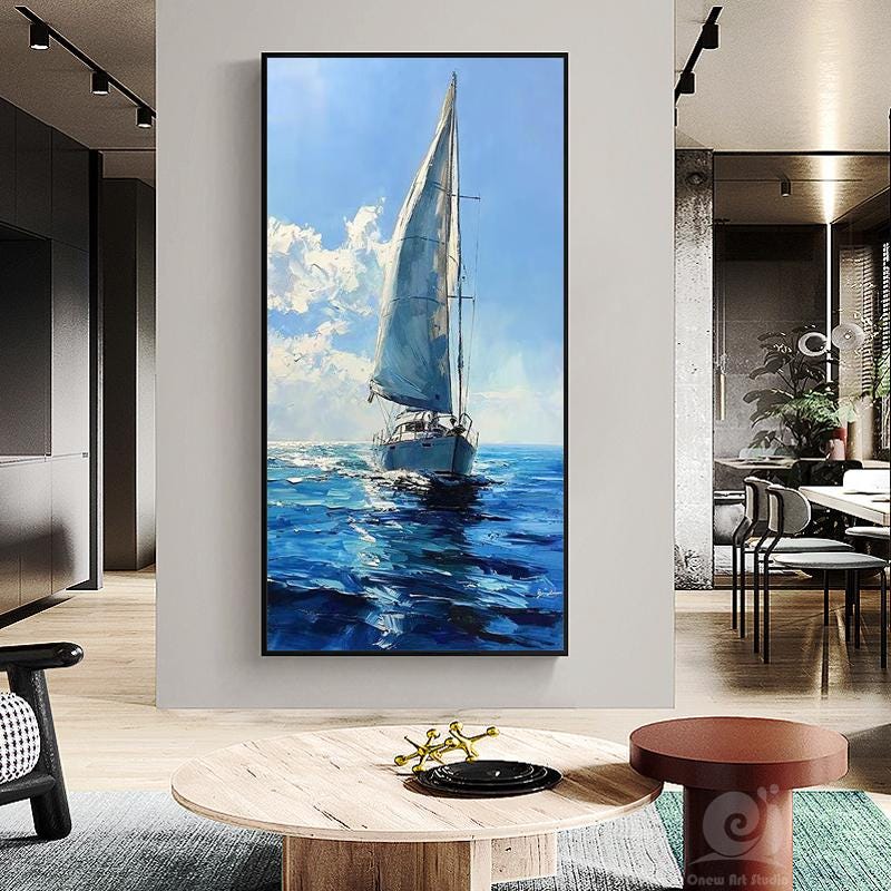Large Abstract Sailboat Oil Painting on Canvas, Original Seascape Canvas Wall Art, Modern Nautical Wall Art for Living Room, Bedroom Decor