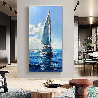 Large Abstract Sailboat Oil Painting on Canvas, Original Seascape Canvas Wall Art, Modern Nautical Wall Art for Living Room, Bedroom Decor