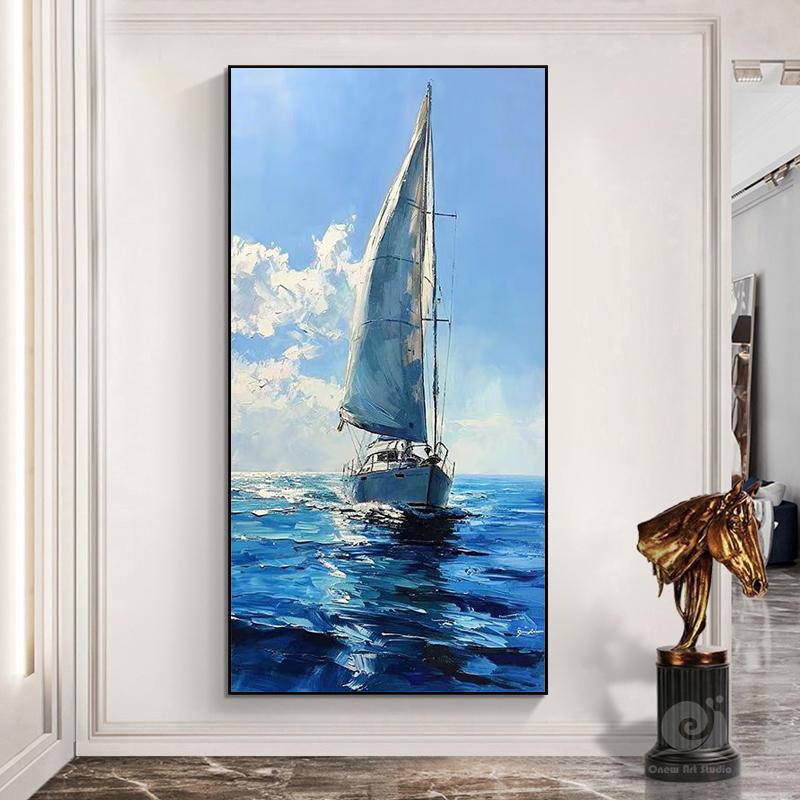 Large Abstract Sailboat Oil Painting on Canvas, Original Seascape Canvas Wall Art, Modern Nautical Wall Art for Living Room, Bedroom Decor