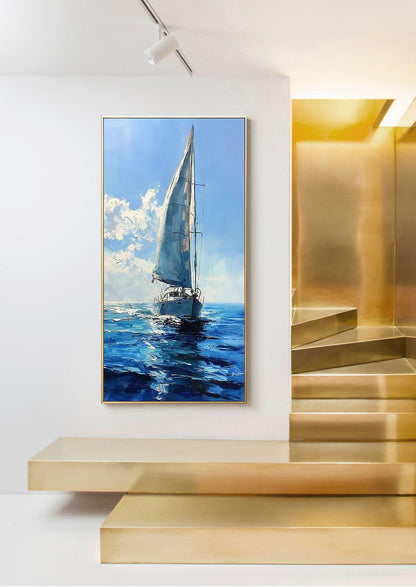 Large Abstract Sailboat Oil Painting on Canvas, Original Seascape Canvas Wall Art, Modern Nautical Wall Art for Living Room, Bedroom Decor