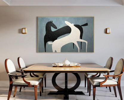 Abstract Black and White Horses Oil Painting on Canvas, Large Original Horse Canvas Art, Modern Animal Painting for Living Room, Home Décor